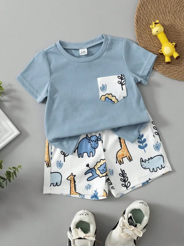 Kids_Boys_Cool-Grey_Ribbed_T-shirt_And_Shorts_(_Co-ordset_)_(_Cool-Grey_Colour_)_(_Ribbed_T-shirt_And_Jungle_Printed_Shorts_)