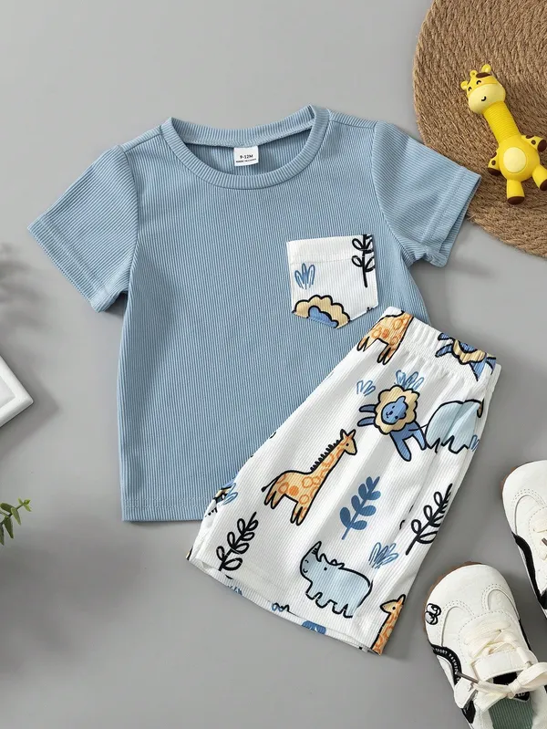 Kids_Boys_Cool-Grey_Ribbed_T-shirt_And_Shorts_(_Co-ordset_)_(_Cool-Grey_Colour_)_(_Ribbed_T-shirt_And_Jungle_Printed_Shorts_)