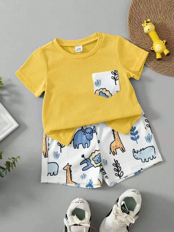 Kids_Boys_Yellow_Ribbed_T-shirt_And_Shorts_(_Co-ordset_)_(_Yellow_Colour_)_(_Ribbed_T-shirt_with_Jungle_Printed_Shorts_)