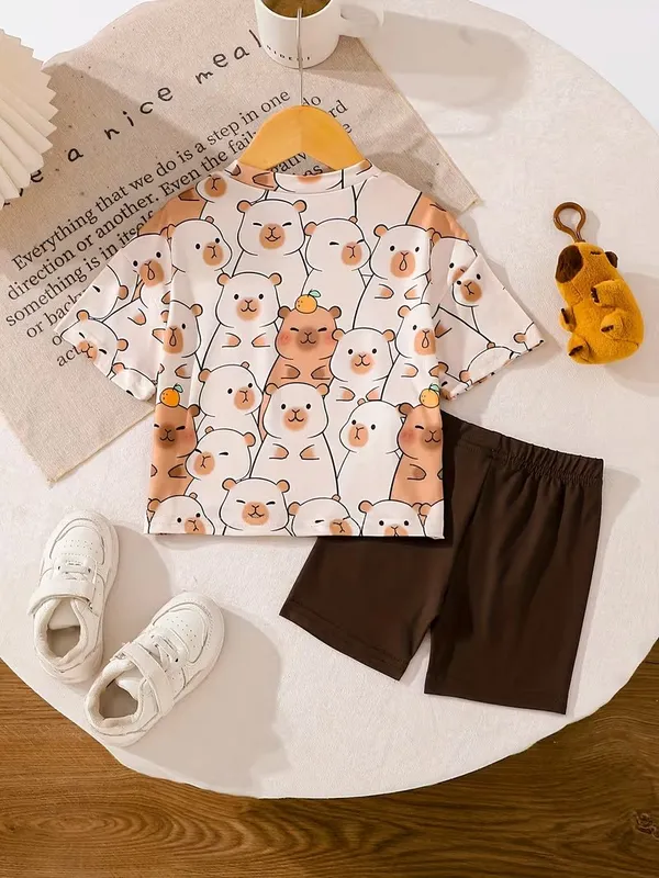 Kids_Cartoon_Bear_Printed_T-Shirt_&_Brown_Shorts_Co-ord_Set_|_Boys_Casual_2-Piece_Outfit