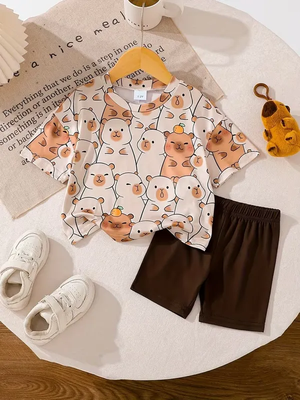 Kids_Cartoon_Bear_Printed_T-Shirt_&_Brown_Shorts_Co-ord_Set_|_Boys_Casual_2-Piece_Outfit