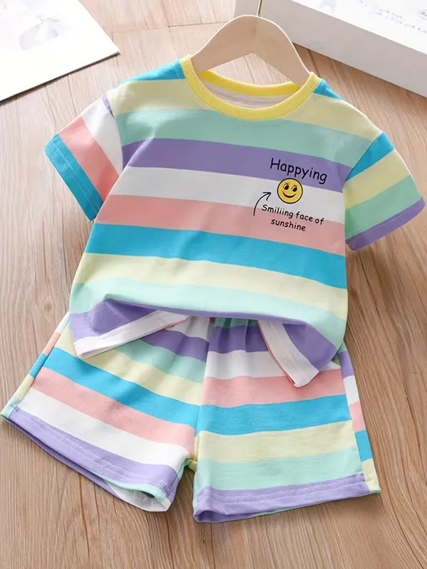 Kids_Girls_Multicolor_Striped_T-Shirt_&_Shorts_Co-Ord_Set_|_Round_Neck_Half_Sleeve_Top_with_Matching_Shorts_|_Cute_Summer_Casual_Wear_Set