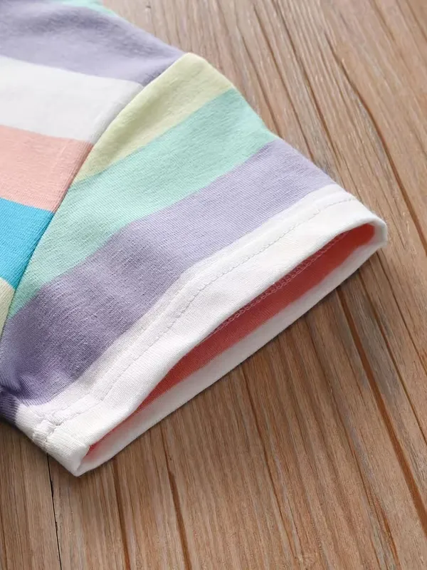 Kids_Girls_Multicolor_Striped_T-Shirt_&_Shorts_Co-Ord_Set_|_Round_Neck_Half_Sleeve_Top_with_Matching_Shorts_|_Cute_Summer_Casual_Wear_Set
