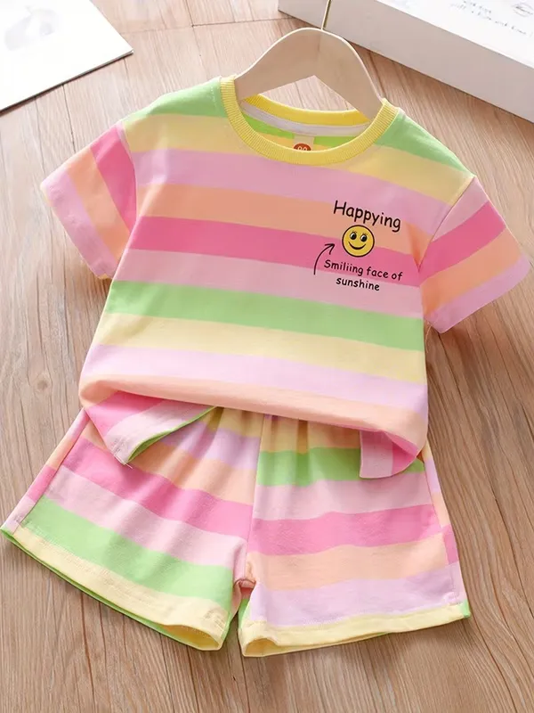 Kids_Girls_Multicolor_Striped_T-Shirt_&_Shorts_Co-Ord_Set_|_Round_Neck_Half_Sleeve_Top_with_Matching_Shorts_|_Cute_Summer_Casual_Wear_Set