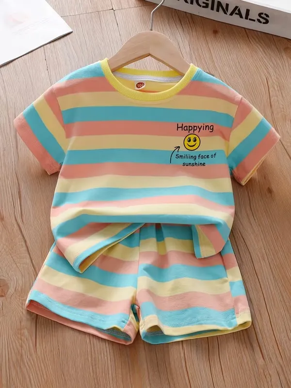 Kids_Girls_Multicolor_Striped_T-Shirt_&_Shorts_Co-Ord_Set_|_Round_Neck_Half_Sleeve_Top_with_Matching_Shorts_|_Cute_Summer_Casual_Wear_Set