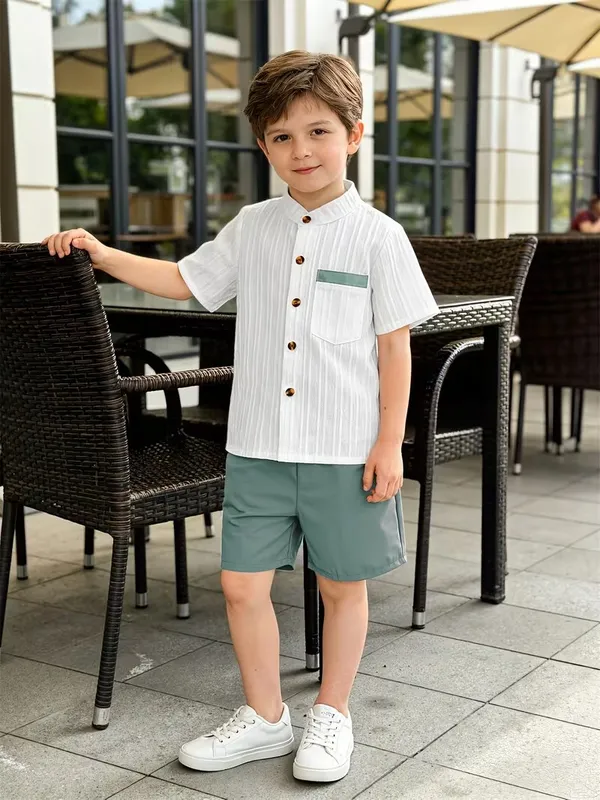 Kids_Popcorn_Shirt_And_Shorts_With_Light_Green_Strip_Pocket_(_Co-ordset_)_(_White-Light_Green_Colour_)