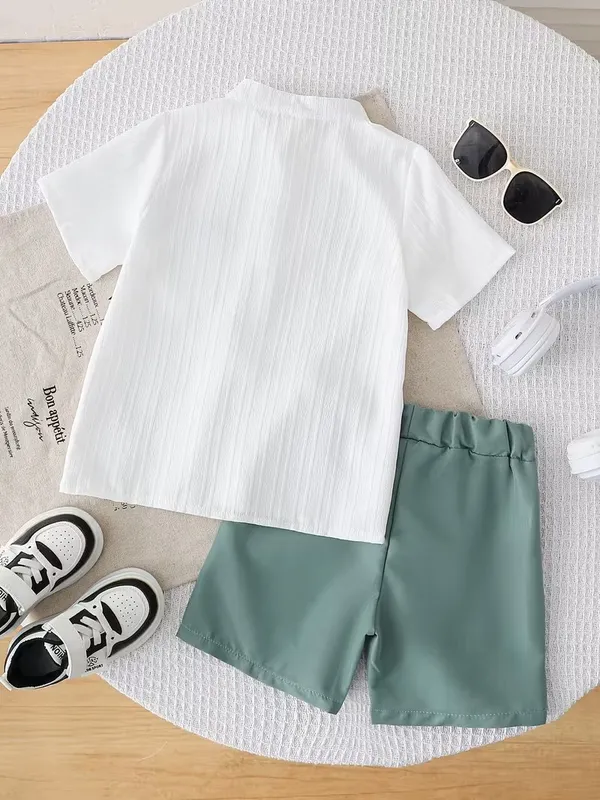 Kids_Popcorn_Shirt_And_Shorts_With_Light_Green_Strip_Pocket_(_Co-ordset_)_(_White-Light_Green_Colour_)