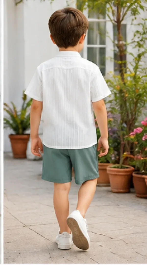 Kids_Popcorn_Shirt_And_Shorts_With_Light_Green_Strip_Pocket_(_Co-ordset_)_(_White-Light_Green_Colour_)