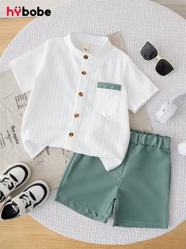 Kids_Popcorn_Shirt_And_Shorts_With_Light_Green_Strip_Pocket_(_Co-ordset_)_(_White-Light_Green_Colour_)