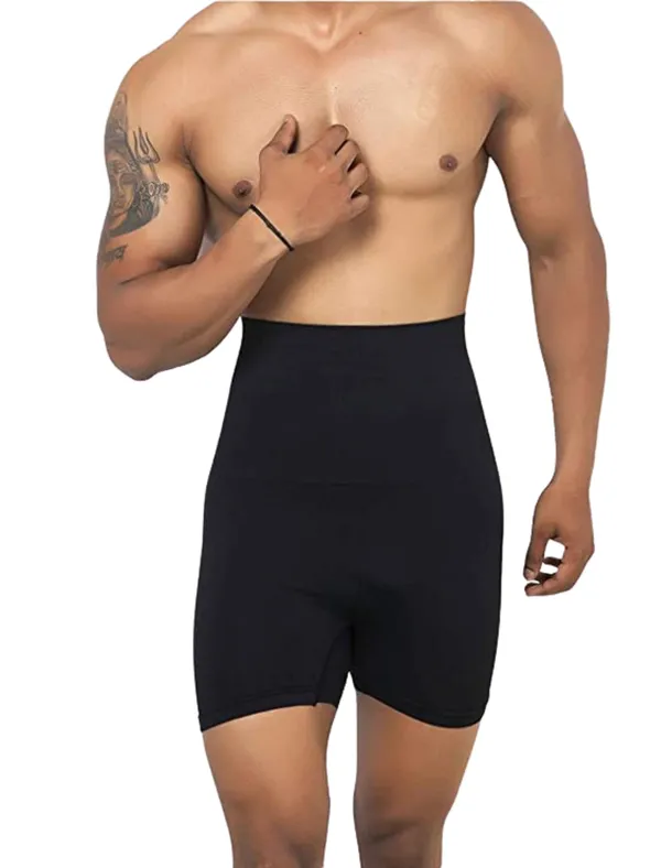 KROYWEN_Men's_Naylon_High_Waist_Tummy_Control_Seamless_Compression_Shorts_Slimming_Underwear_for_Body_Shaping_Black