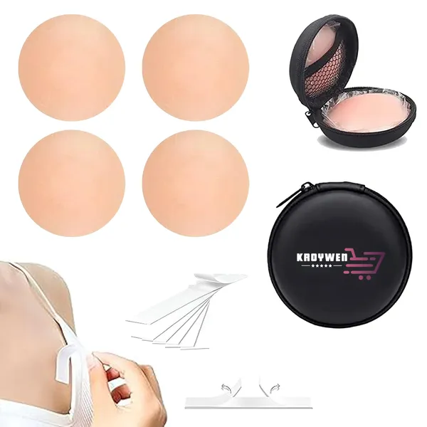 KROYWEN_4_Pcs_Reusable_Nipple_Covers_with_Case_|_Comfortable_&_Natural_Invisible_Self_Adhesive_Washable_Silicone_Pasties_for_Women_(Skin_Color)_with_Double_Sided_Tape_36_Pieces_|_Silicone_Bra_Beige