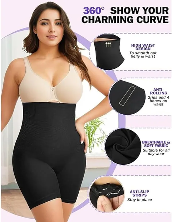 KROYWEN_Women's_Tummy_Tucker_High_Waist_Shapewear_with_Anti_Rolling_Strip_Panties_(Free-Size)_(Waist_Size_Fits_:_32_to_38_Inch)_(Black_&_Black)