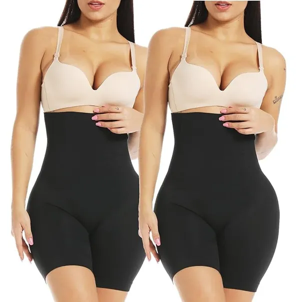 KROYWEN_Women's_Tummy_Tucker_High_Waist_Shapewear_with_Anti_Rolling_Strip_Panties_and_High_Waisted_Body_Shaper(Free-Size)_(Waist_Size_Fits_:_32_to_38_Inch)_(Black_Pack_of_2)