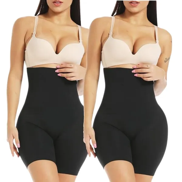 KROYWEN_Women's_High_Waist_Shapewear_with_Women_Shapewear_Underwear_Anti_Rolling_Strip_Tummy_Control_Tucker_Waist_Slimming_Panties_(Black_Pack_of_2)