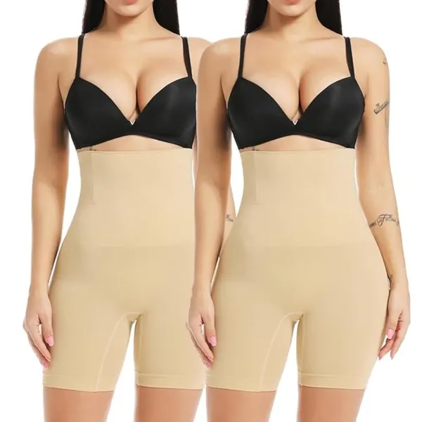 KROYWEN_Tummy_Control_Shapewear_Shorts_for_Women_High_Waisted_Body_Shaper_Panties_Slip_Shorts_Under_Dresses_Thigh_Slimmer_(Fit_to_30_to_38_Inch)_(Beige_Pack_of_2)