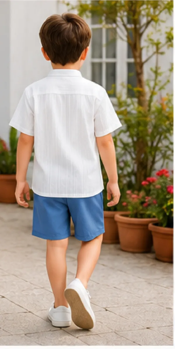 White_Popcorn_Shirt_And_Shorts_With_Blue_Strip_Pocket_(_Co-ordset_)_(_White-Blue_Colour_)