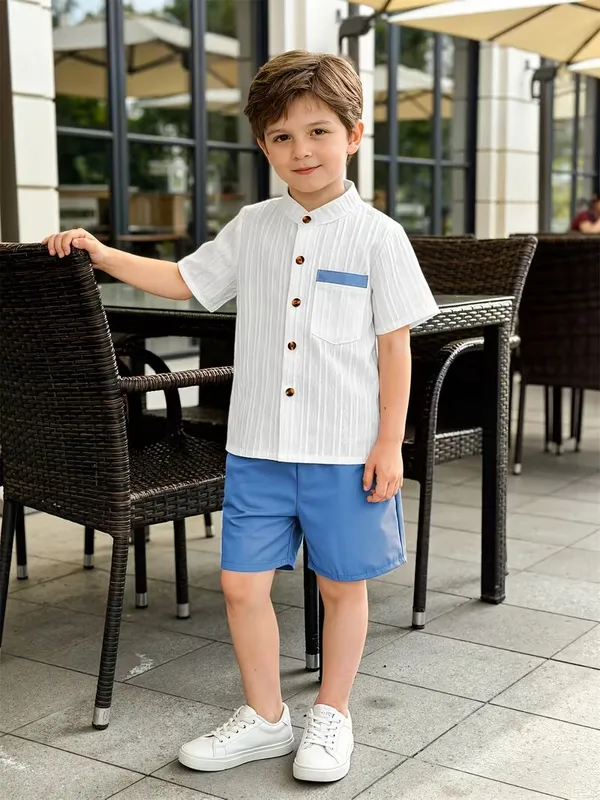 White_Popcorn_Shirt_And_Shorts_With_Blue_Strip_Pocket_(_Co-ordset_)_(_White-Blue_Colour_)