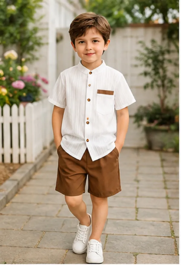 White_Popcorn_Shirt_And_Shorts_With_Brown_Strip_Pocket_(_Co-ordset_)_(_White-Brown_Colour_)_
