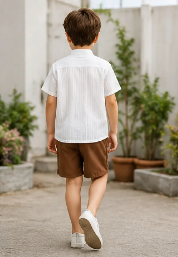 White_Popcorn_Shirt_And_Shorts_With_Brown_Strip_Pocket_(_Co-ordset_)_(_White-Brown_Colour_)_