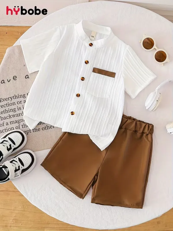 White_Popcorn_Shirt_And_Shorts_With_Brown_Strip_Pocket_(_Co-ordset_)_(_White-Brown_Colour_)_