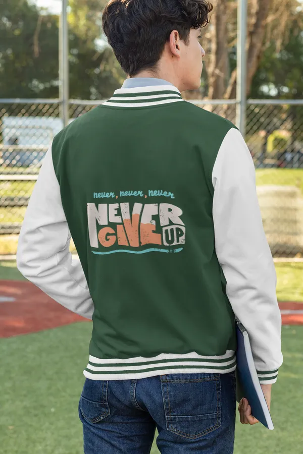 Bottle_Green_Cotton_Never_Give_Up_Varsity_Jacket_For_Unisex