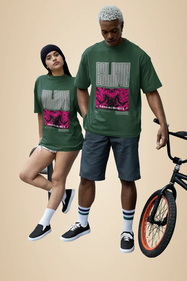 Bottle_Green_Cotton_Believe_Oversized_T-Shirt_For_Unisex