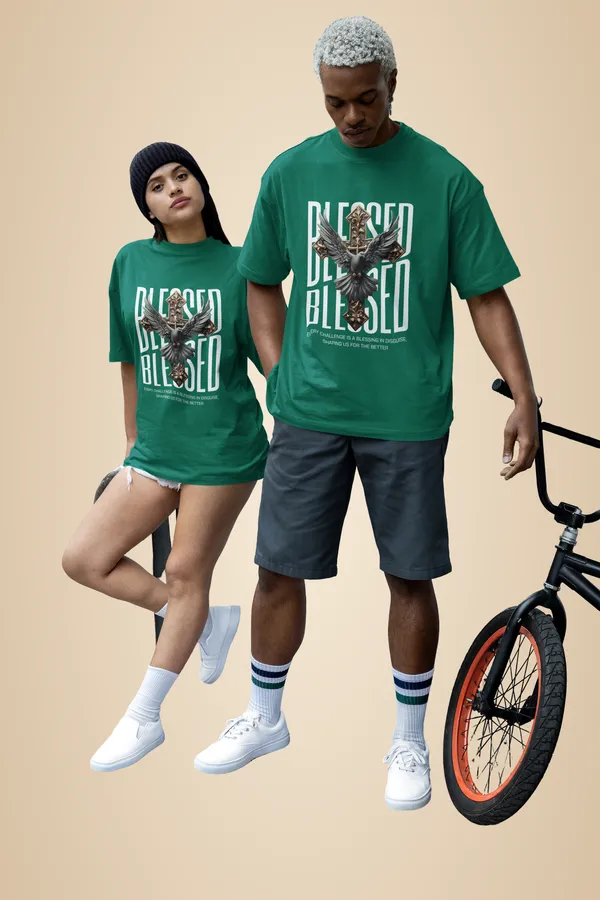 Bottle_Green_Cotton_Blessed_Oversized_T-Shirt_For_Unisex