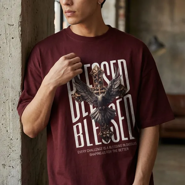 Maroon_Cotton_Blessed_Oversized_T-Shirt_For_Unisex