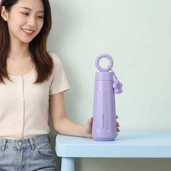 New_Fashion_Stainless_Steel_316_Insulated_Tumbler_Water_Bottle_450ml_for_Girls_Leak_Proof_Thermos_Flask_Ring_Handle_With_Flower_Charm_Cute_Light_Purple_Travel_Coffee_Mug_Gift_Hot_and_Cold_Bottle