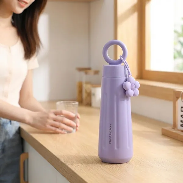 New_Fashion_Stainless_Steel_316_Insulated_Tumbler_Water_Bottle_450ml_for_Girls_Leak_Proof_Thermos_Flask_Ring_Handle_With_Flower_Charm_Cute_Light_Purple_Travel_Coffee_Mug_Gift_Hot_and_Cold_Bottle
