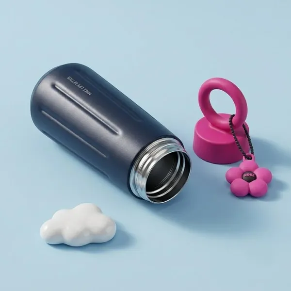 lapocci_Cute_Stainless_Steel_316_Insulated_Tumbler_Water_Bottle_450ml_for_Girls_Leak_Proof_Thermos_Flask_Ring_Handle_With_Flower_Charm_Cute_Black_&_Pink__Travel_Coffee_Mug_Gift_Hot_and_Cold_Bottle