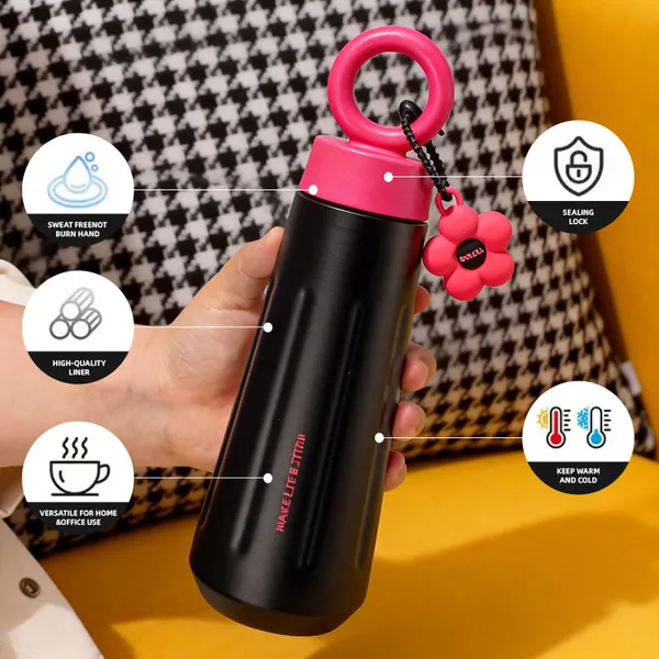 lapocci_Cute_Stainless_Steel_316_Insulated_Tumbler_Water_Bottle_450ml_for_Girls_Leak_Proof_Thermos_Flask_Ring_Handle_With_Flower_Charm_Cute_Black_&_Pink__Travel_Coffee_Mug_Gift_Hot_and_Cold_Bottle