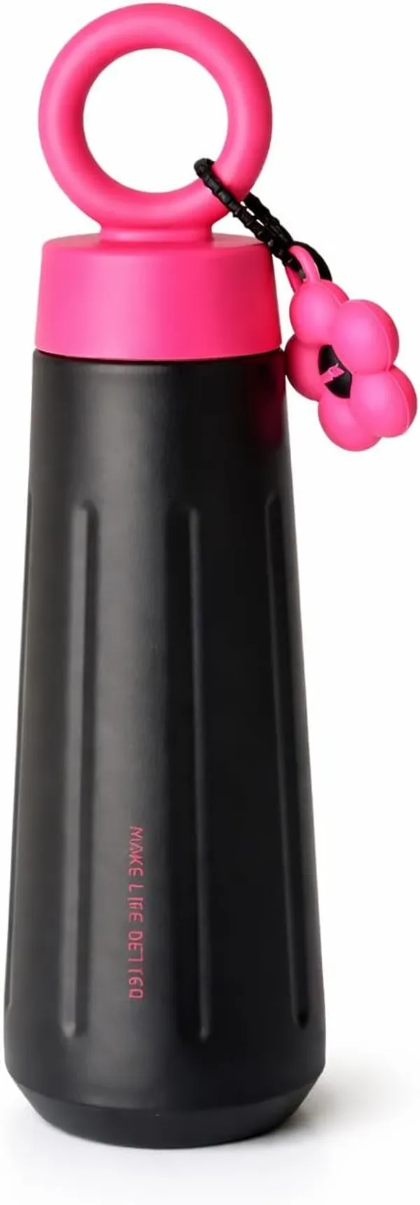 lapocci_Cute_Stainless_Steel_316_Insulated_Tumbler_Water_Bottle_450ml_for_Girls_Leak_Proof_Thermos_Flask_Ring_Handle_With_Flower_Charm_Cute_Black_&_Pink__Travel_Coffee_Mug_Gift_Hot_and_Cold_Bottle