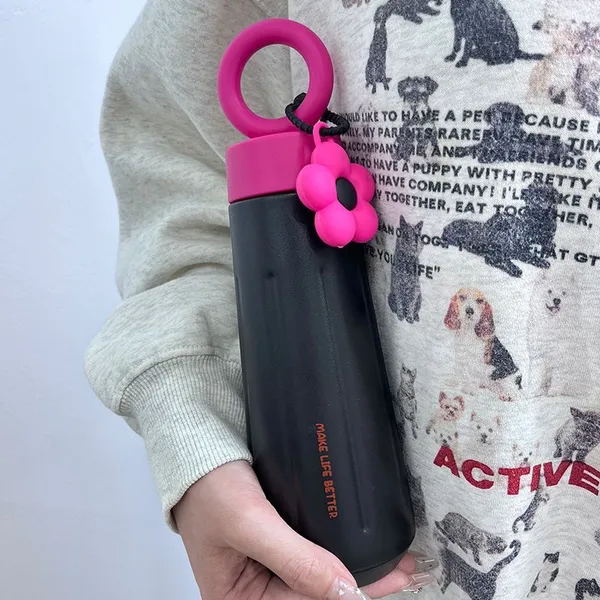 lapocci_Cute_Stainless_Steel_316_Insulated_Tumbler_Water_Bottle_450ml_for_Girls_Leak_Proof_Thermos_Flask_Ring_Handle_With_Flower_Charm_Cute_Black_&_Pink__Travel_Coffee_Mug_Gift_Hot_and_Cold_Bottle