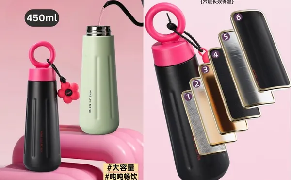 lapocci_Cute_Stainless_Steel_316_Insulated_Tumbler_Water_Bottle_450ml_for_Girls_Leak_Proof_Thermos_Flask_Ring_Handle_With_Flower_Charm_Cute_Black_&_Pink__Travel_Coffee_Mug_Gift_Hot_and_Cold_Bottle