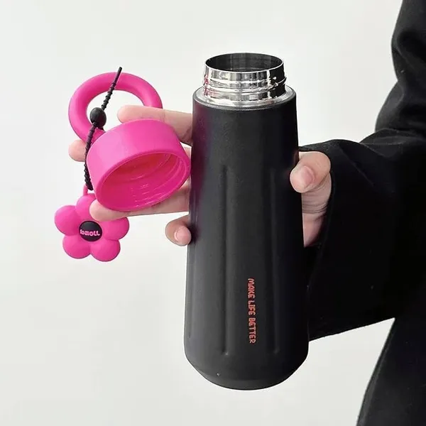 lapocci_Cute_Stainless_Steel_316_Insulated_Tumbler_Water_Bottle_450ml_for_Girls_Leak_Proof_Thermos_Flask_Ring_Handle_With_Flower_Charm_Cute_Black_&_Pink__Travel_Coffee_Mug_Gift_Hot_and_Cold_Bottle