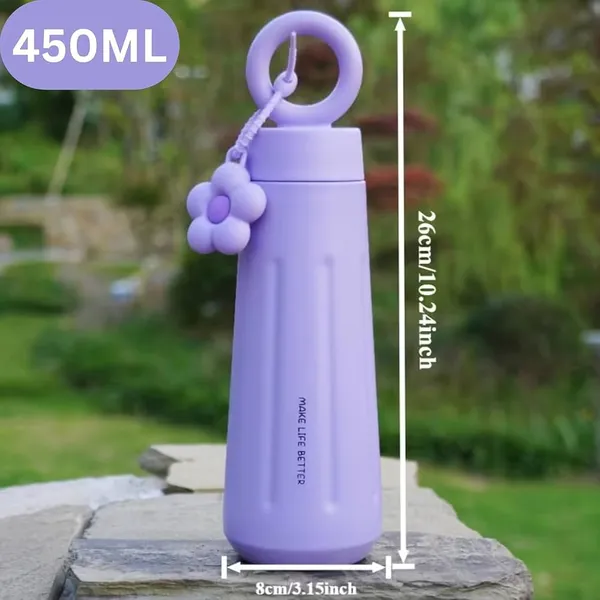 New_Fashion_Stainless_Steel_316_Insulated_Tumbler_Water_Bottle_450ml_for_Girls_Leak_Proof_Thermos_Flask_Ring_Handle_With_Flower_Charm_Cute_Light_Purple_Travel_Coffee_Mug_Gift_Hot_and_Cold_Bottle