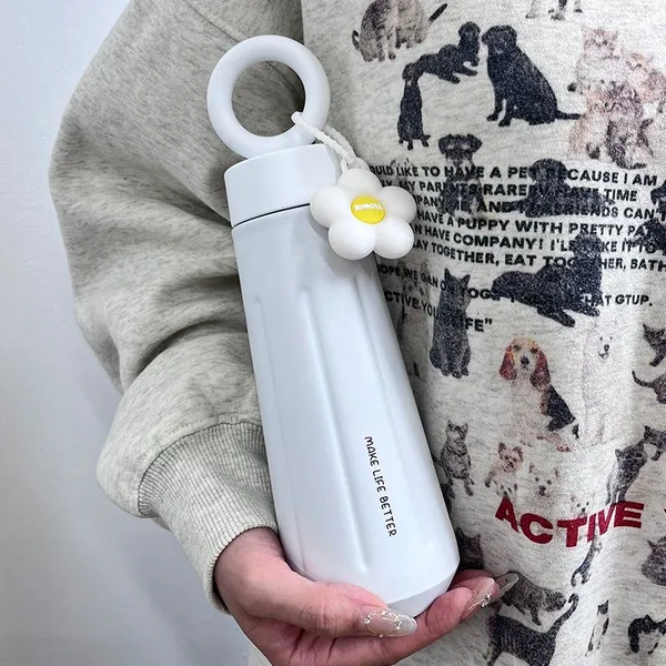 Lapocci_Cute_Stainless_Steel_316_Insulated_Tumbler_Water_Bottle_450ml_for_Girls_Leak_Proof_Thermos_Flask_Ring_Handle_With_Flower_Charm_Cute_White_Travel_Coffee_Mug_Gift_Hot_and_Cold_Bottle