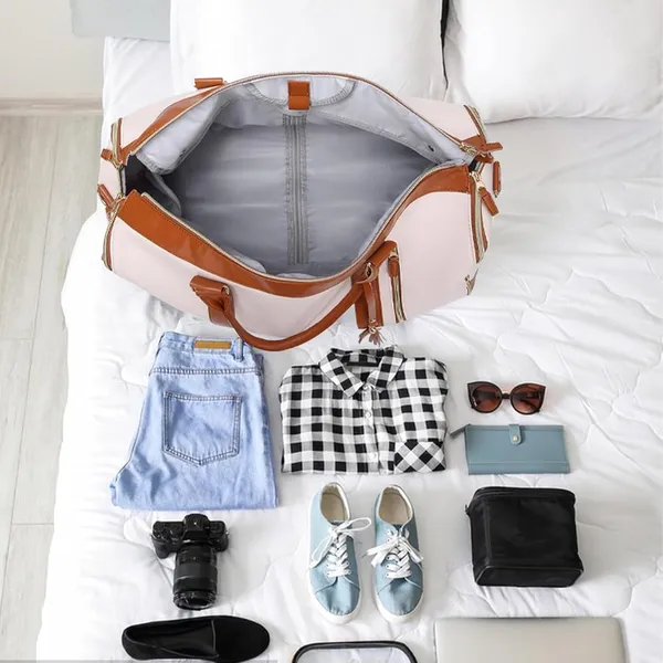 Beige_Foldable_Duffle_Bag_Travel_Convertible_Carry_On_Large_Size_Garments_For_Women