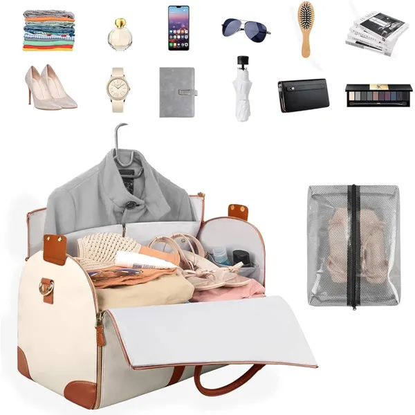 Beige_Foldable_Duffle_Bag_Travel_Convertible_Carry_On_Large_Size_Garments_For_Women