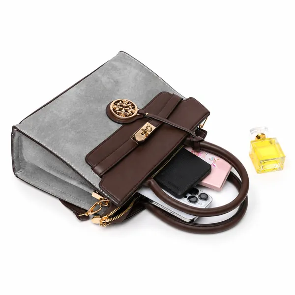 Grey_Florenza_Structured_Satchel_Handbag_Mall_2_Compartments_3_Inner_For_Women