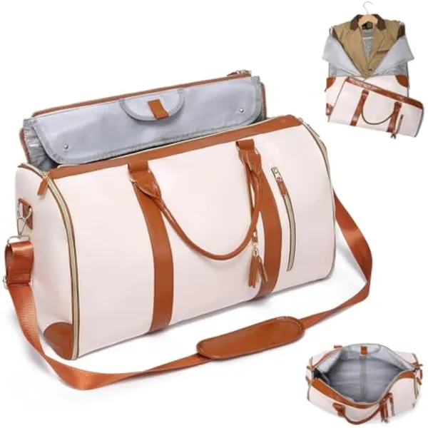 Beige_Foldable_Duffle_Bag_Travel_Convertible_Carry_On_Large_Size_Garments_For_Women