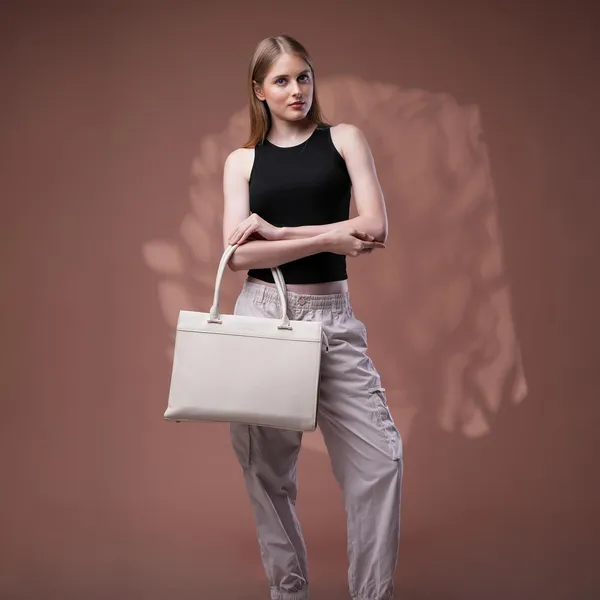White_Beauty_Bella_Clat_Structured_Tote_Bag_Office_Handbag_For_Women