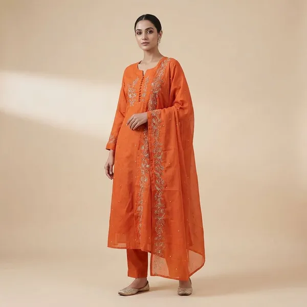 Rust_Orange_Mal_Cotton_A_Line_Kurta_Set_For_Women