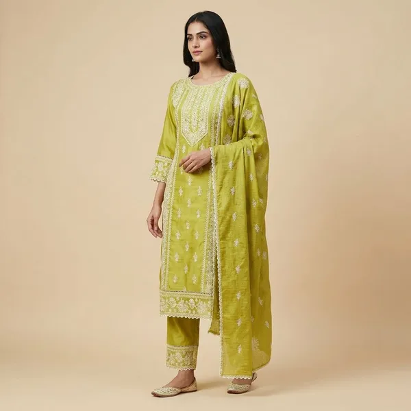Peridot_Green_Cotton_Chiken_Work_Stright_Cut_Pant_Set_For_Women