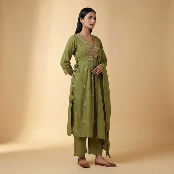 Mehandi_Green_Cotton_A_Line_Kurta_Set_For_Women