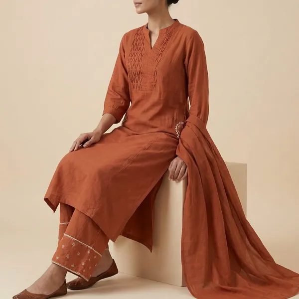 Rust_Orange_Mal_Cotton_Stright_Cut_Set_For_Women
