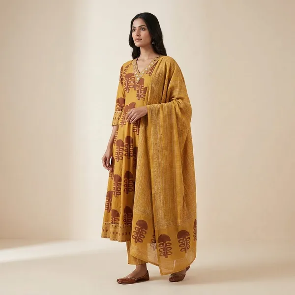 Musturd_Cotton_Onepice_Anarkali_Printed_For_Women