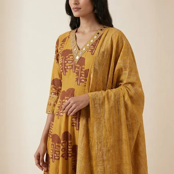 Musturd_Cotton_Onepice_Anarkali_Printed_For_Women