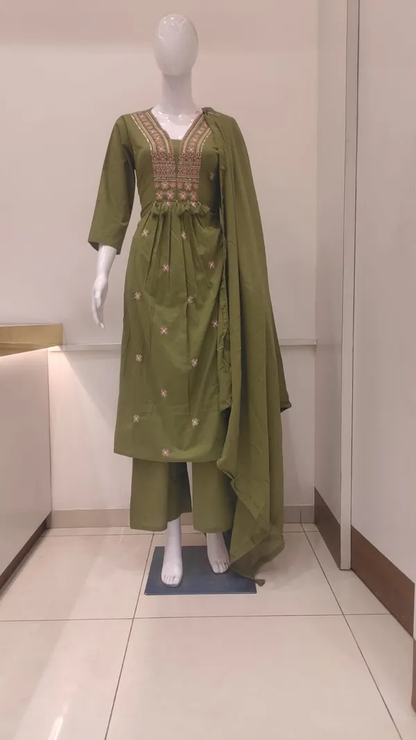Mehandi_Green_Cotton_A_Line_Kurta_Set_For_Women
